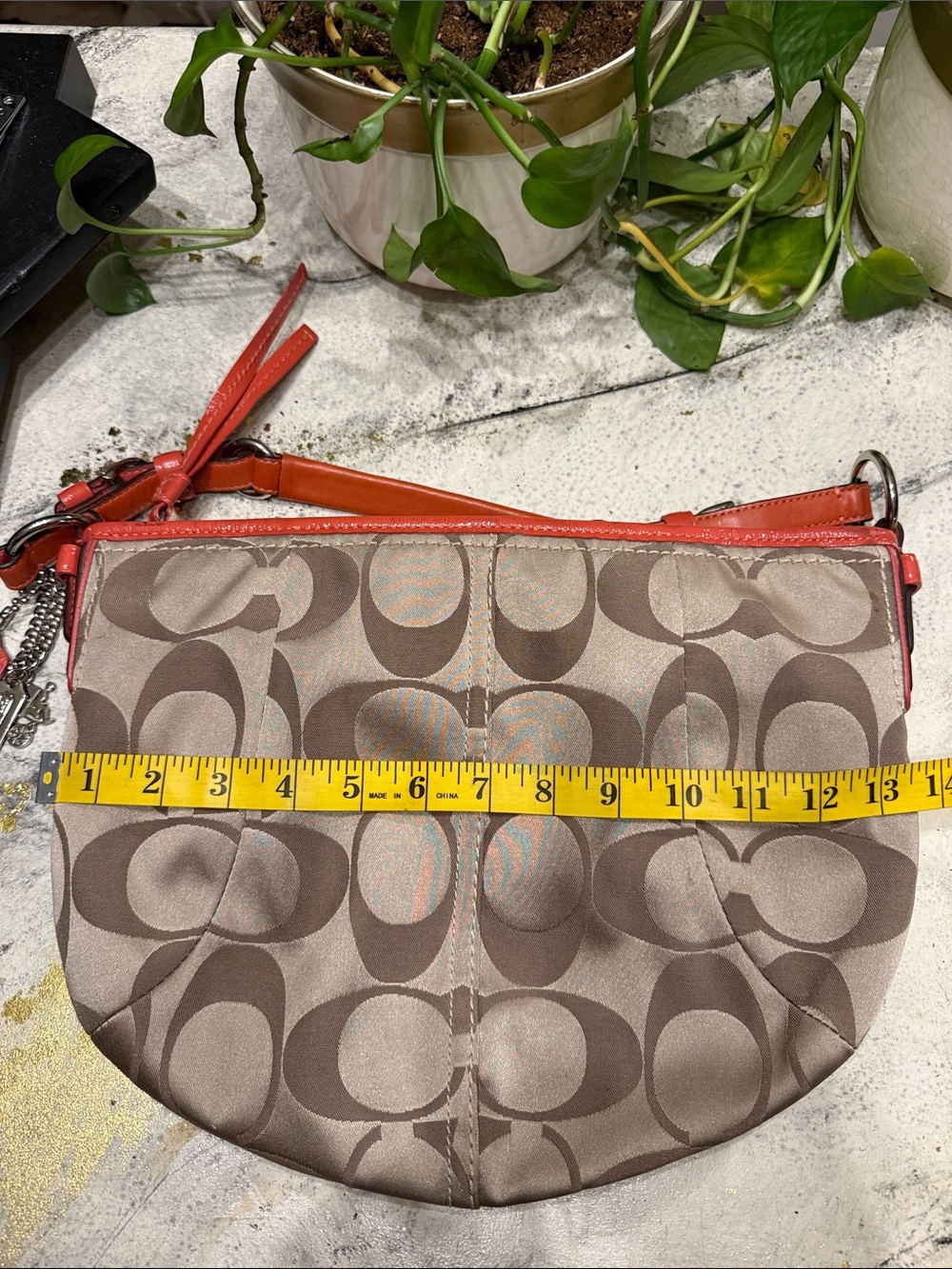 Coach 12675 Signature C Khaki Jacquard Hobo Shoulder Bag Coral Leather - Picture 9 of 10